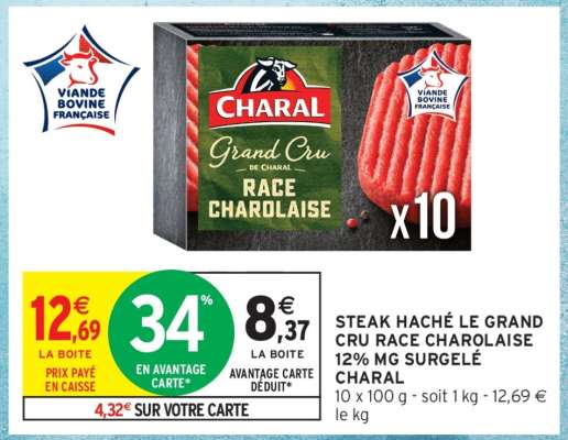 STEAK HACHÉ LE GRAND CRU RACE CHAROLAISE 12% MG SURGELÉ CHARAL