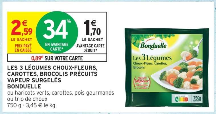 LES 3 LÉGUMES CHOUX-FLEURS, CAROTTES, BROCOLIS PRÉCUITS VAPEUR SURGELÉS BONDUELLE
