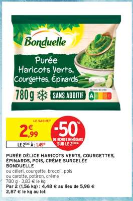 PURÉE DÉLICE HARICOTS VERTS, COURGETTES, ÉPINARDS, POIS, CRÈME SURGELÉE BONDUELLE