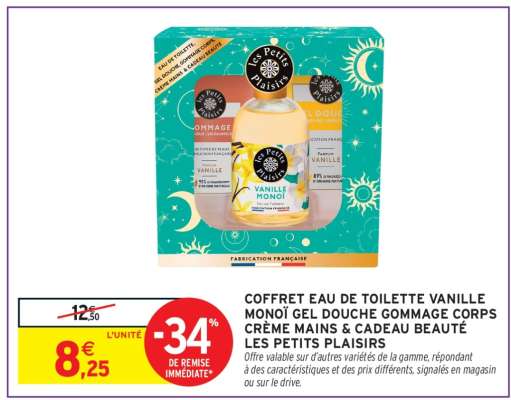 COFFRET EAU DE TOILETTE VANILLE MONOÏ GEL DOUCHE GOMMAGE CORPS CRÈME MAINS & CADEAU BEAUTÉ LES PETITS PLAISIRS