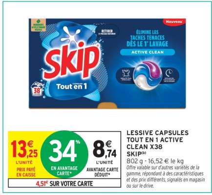 LESSIVE CAPSULES TOUT EN 1 ACTIVE CLEAN X38 SKIP