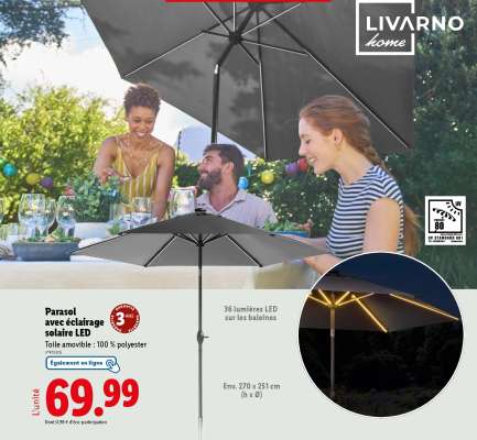 Parasol avec éclairage solaire LED