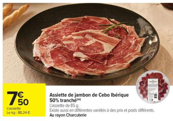 Assiette de jambon de Cebo Ibérique 50% tranché