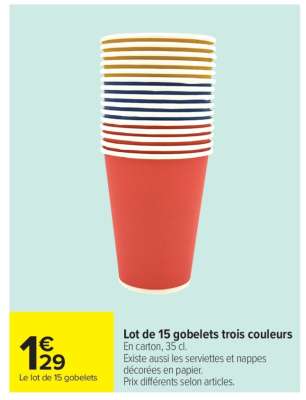 Lot de 15 gobelets trois couleurs