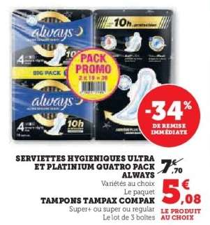 SERVIETTES HYGIÉNIQUES ULTRA ET PLATINIUM QUATRO PACK ALWAYS
