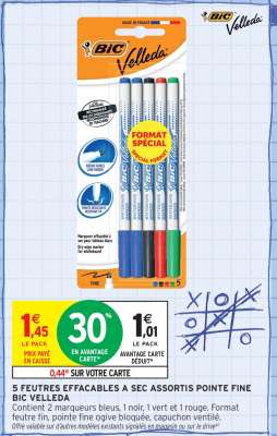 5 FEUTRES EFFACABLES À SEC ASSORTIS POINTE FINE BIC VELLEDA